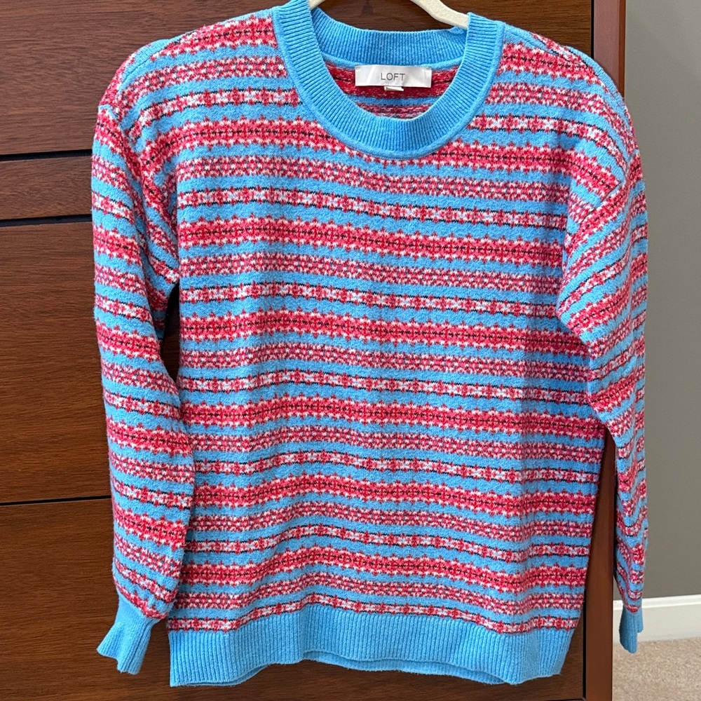 LOFT Fair Isle Red Blue Striped Crewneck Sweater
